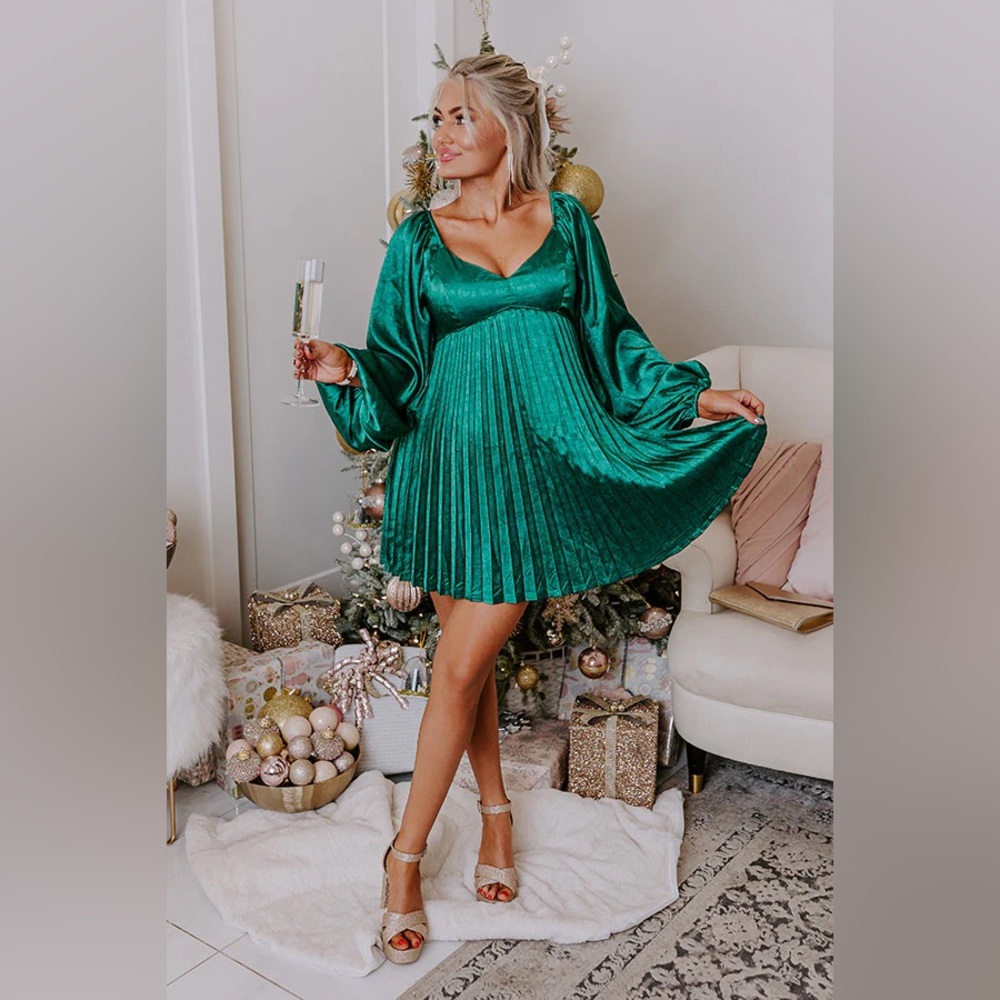 Pleaded Satin Dress in Hunter Green